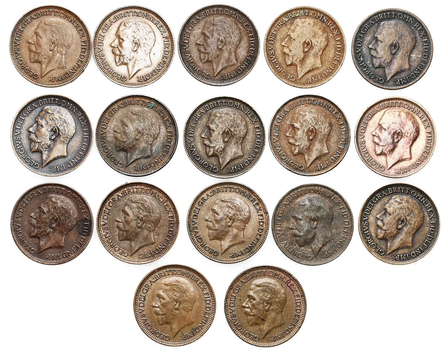 Wielka Brytania. George V (1910-1936). Farthing  1919-1936, zestaw 17 monet